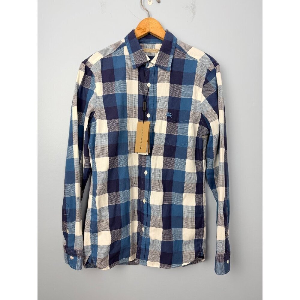 NWT Burberry Brit Mens S Blue Azure Checkered Button-Up Shirt